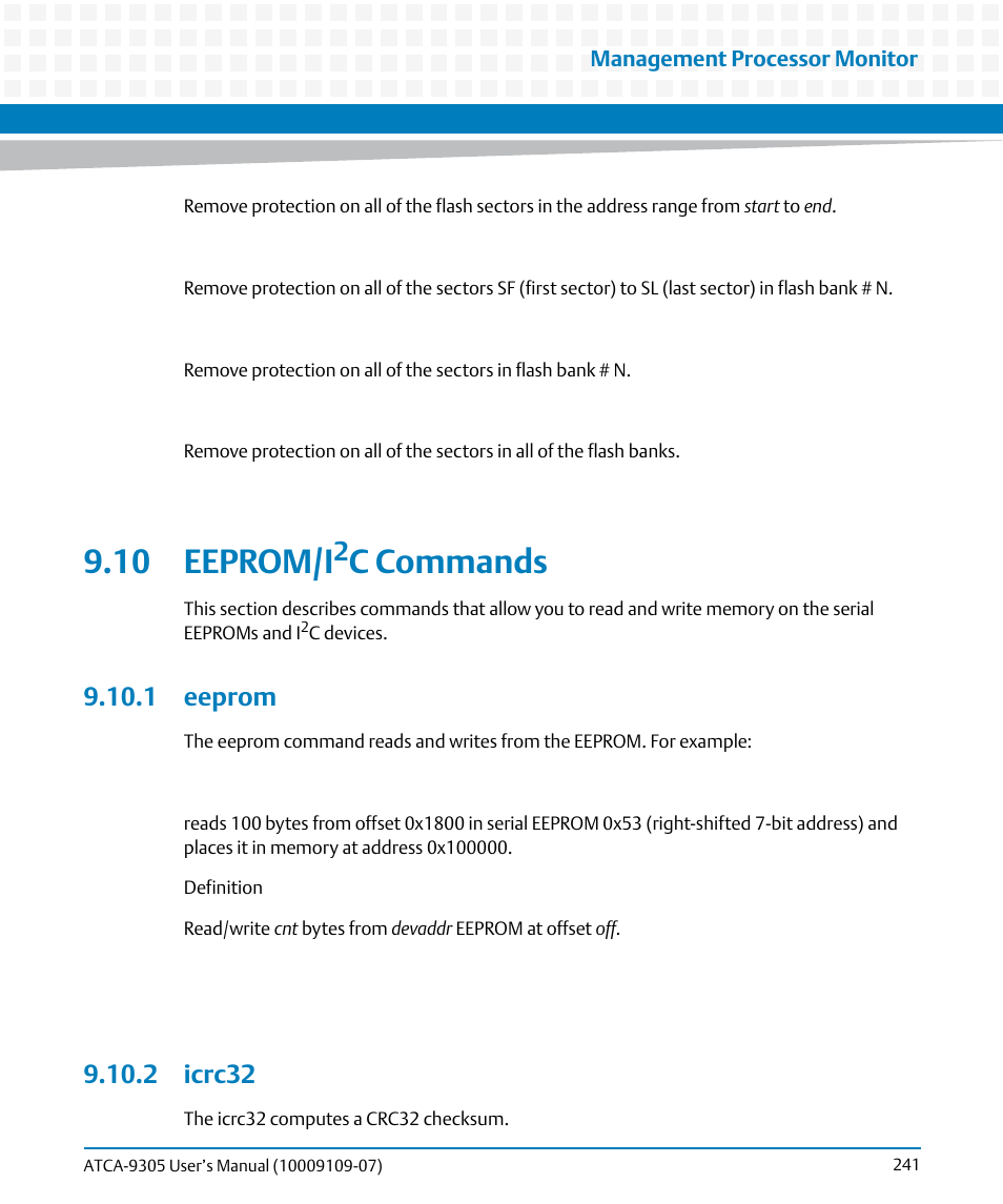 10 eeprom/i2c commands, 1 eeprom, 2 icrc32 | 1 eeprom 9.10.2 icrc32, 10 eeprom/i, C commands | Artesyn ATCA-9305 User's Manual (May 2014) User Manual | Page 241 / 270