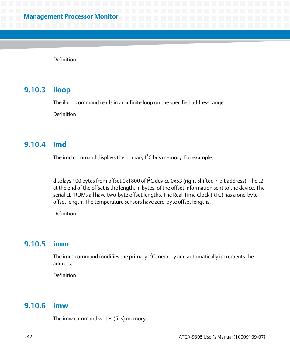 3 iloop, 4 imd, 5 imm | 6 imw, 3 iloop 9.10.4 imd 9.10.5 imm 9.10.6 imw | Artesyn ATCA-9305 User's Manual (May 2014) User Manual | Page 242 / 270