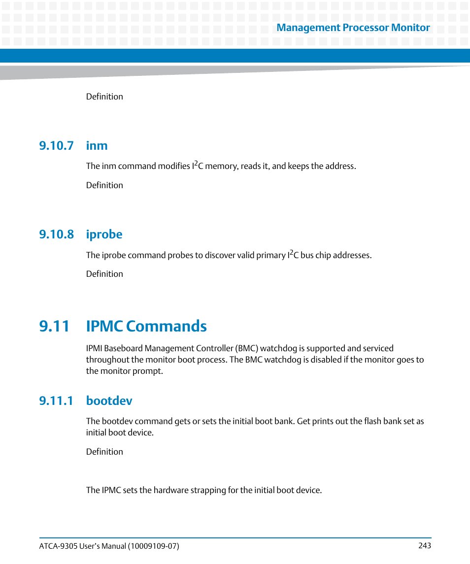 7 inm, 8 iprobe, 11 ipmc commands | 1 bootdev | Artesyn ATCA-9305 User's Manual (May 2014) User Manual | Page 243 / 270