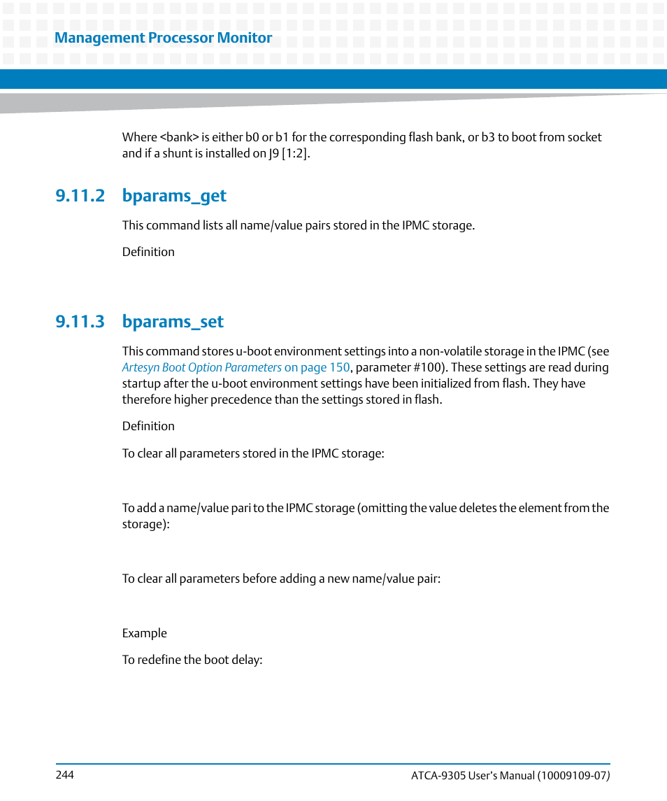 2 bparams_get, 3 bparams_set, 2 bparams_get 9.11.3 bparams_set | Artesyn ATCA-9305 User's Manual (May 2014) User Manual | Page 244 / 270