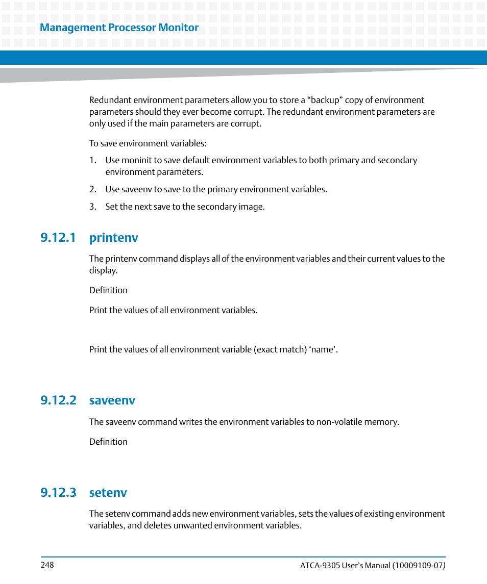 1 printenv, 2 saveenv, 3 setenv | 1 printenv 9.12.2 saveenv 9.12.3 setenv | Artesyn ATCA-9305 User's Manual (May 2014) User Manual | Page 248 / 270