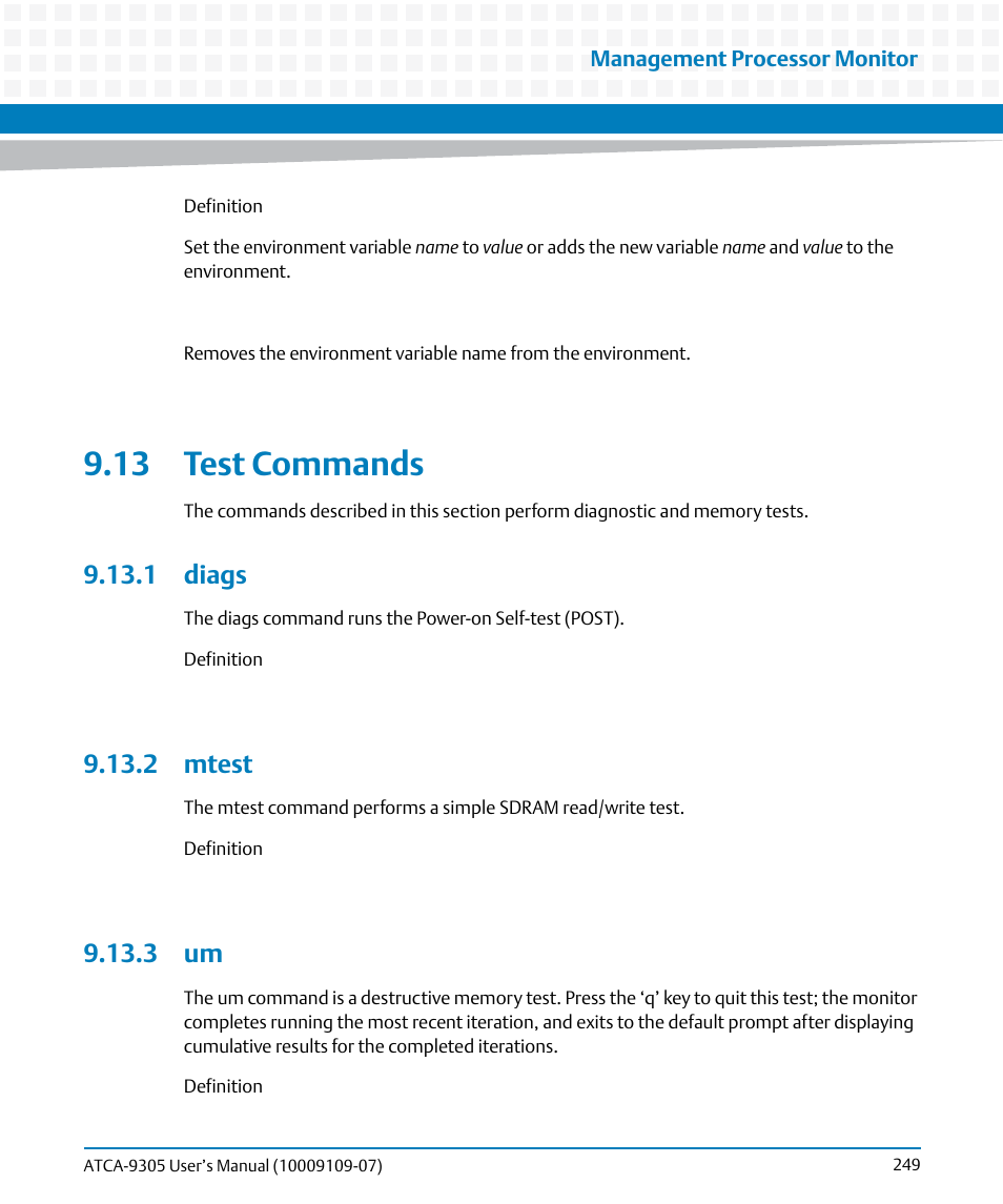 13 test commands, 1 diags, 2 mtest | 3 um, 1 diags 9.13.2 mtest 9.13.3 um | Artesyn ATCA-9305 User's Manual (May 2014) User Manual | Page 249 / 270