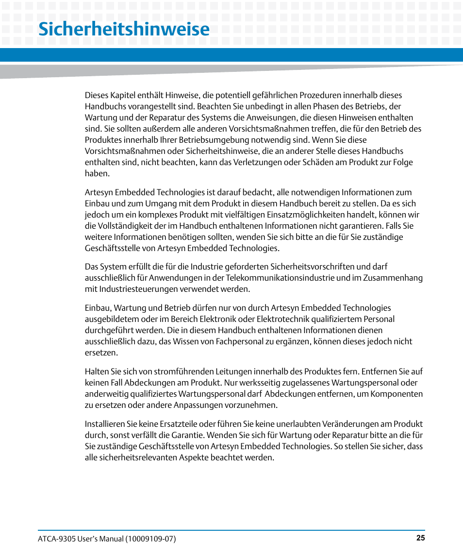 Sicherheitshinweise | Artesyn ATCA-9305 User's Manual (May 2014) User Manual | Page 25 / 270