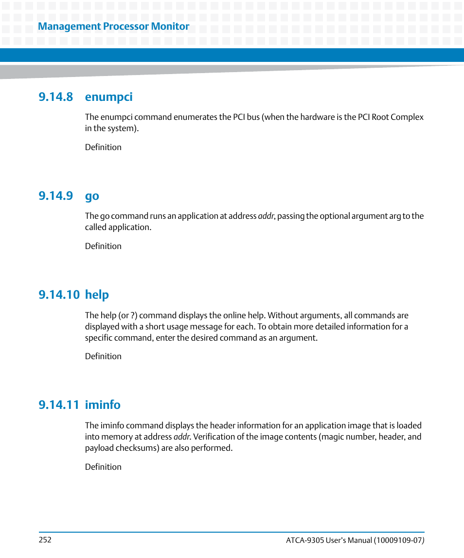 8 enumpci, 9 go, 10 help | 11 iminfo, 8 enumpci 9.14.9 go 9.14.10help 9.14.11iminfo | Artesyn ATCA-9305 User's Manual (May 2014) User Manual | Page 252 / 270