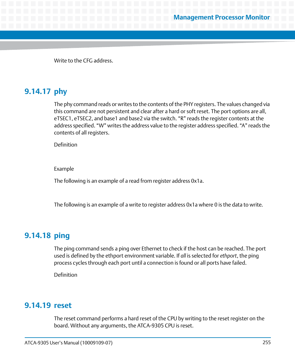 17 phy, 18 ping, 19 reset | 17phy, 18ping 9.14.19reset | Artesyn ATCA-9305 User's Manual (May 2014) User Manual | Page 255 / 270
