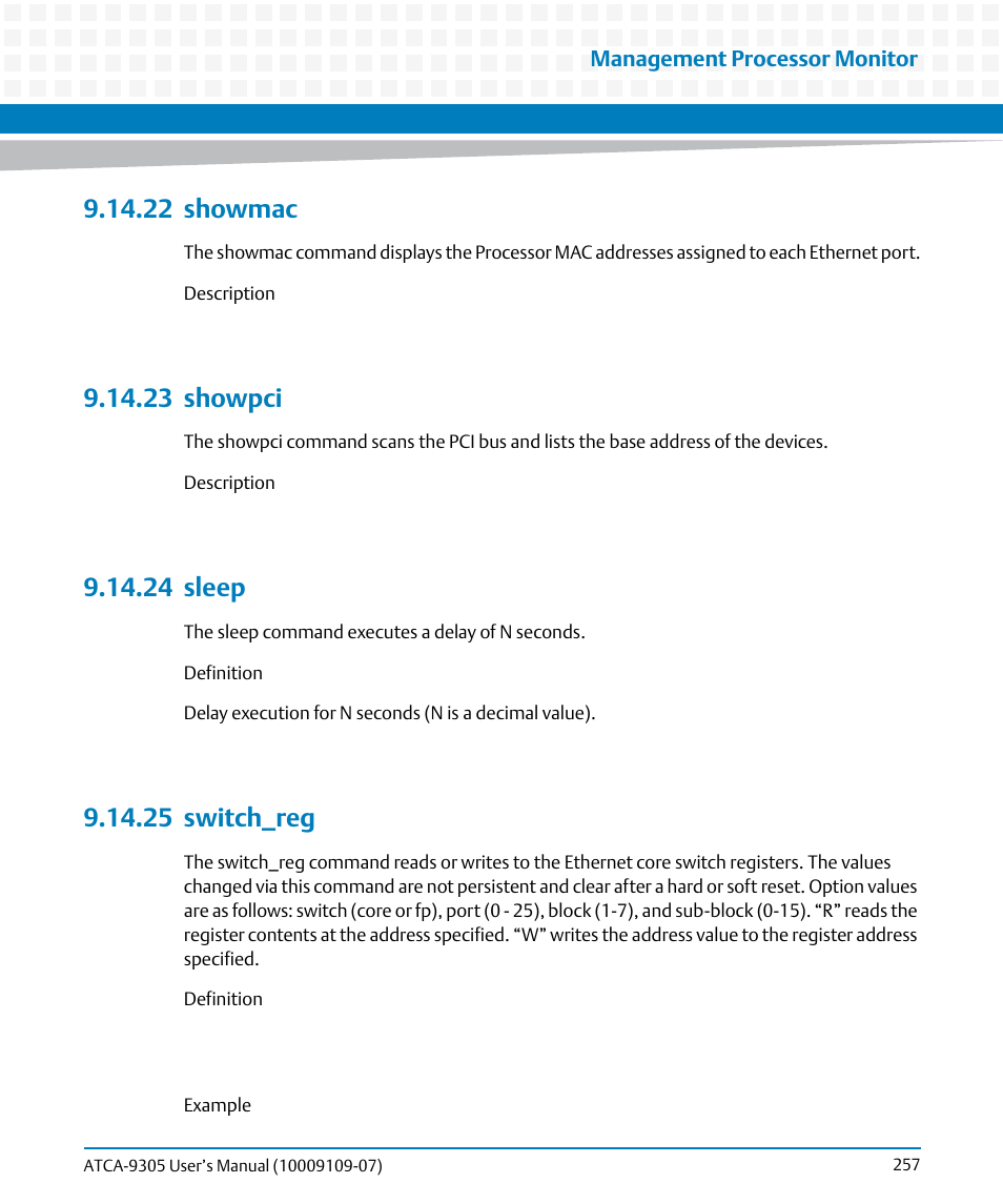 22 showmac, 23 showpci, 24 sleep | 25 switch_reg | Artesyn ATCA-9305 User's Manual (May 2014) User Manual | Page 257 / 270