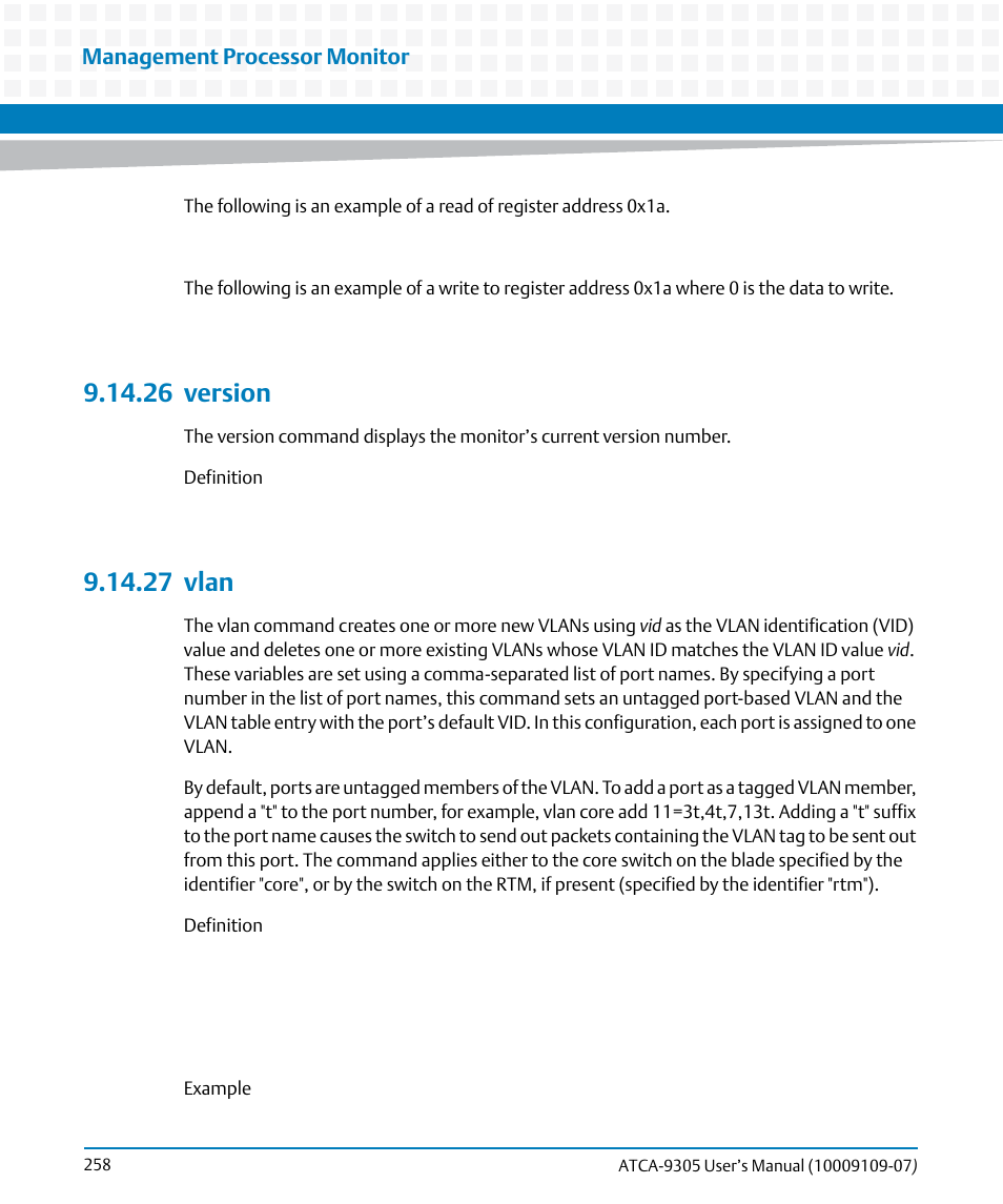 26 version, 27 vlan, 26version 9.14.27vlan | Vlan | Artesyn ATCA-9305 User's Manual (May 2014) User Manual | Page 258 / 270