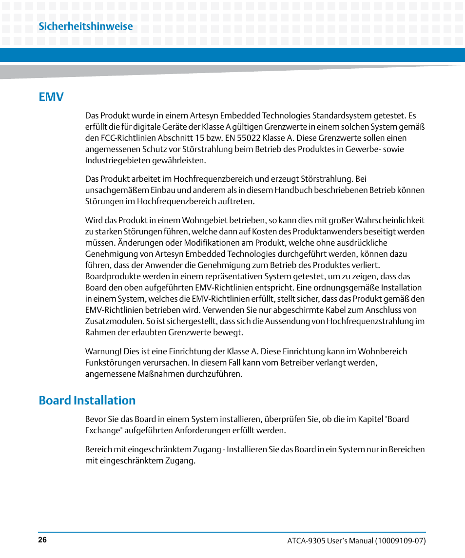 Board installation | Artesyn ATCA-9305 User's Manual (May 2014) User Manual | Page 26 / 270