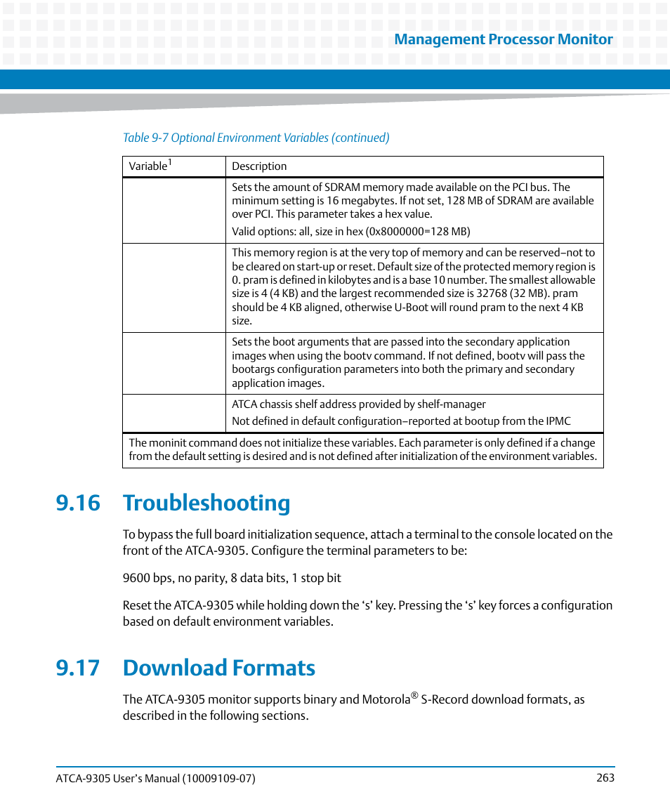 16 troubleshooting, 17 download formats, 16 troubleshooting 9.17 download formats | Management processor monitor | Artesyn ATCA-9305 User's Manual (May 2014) User Manual | Page 263 / 270