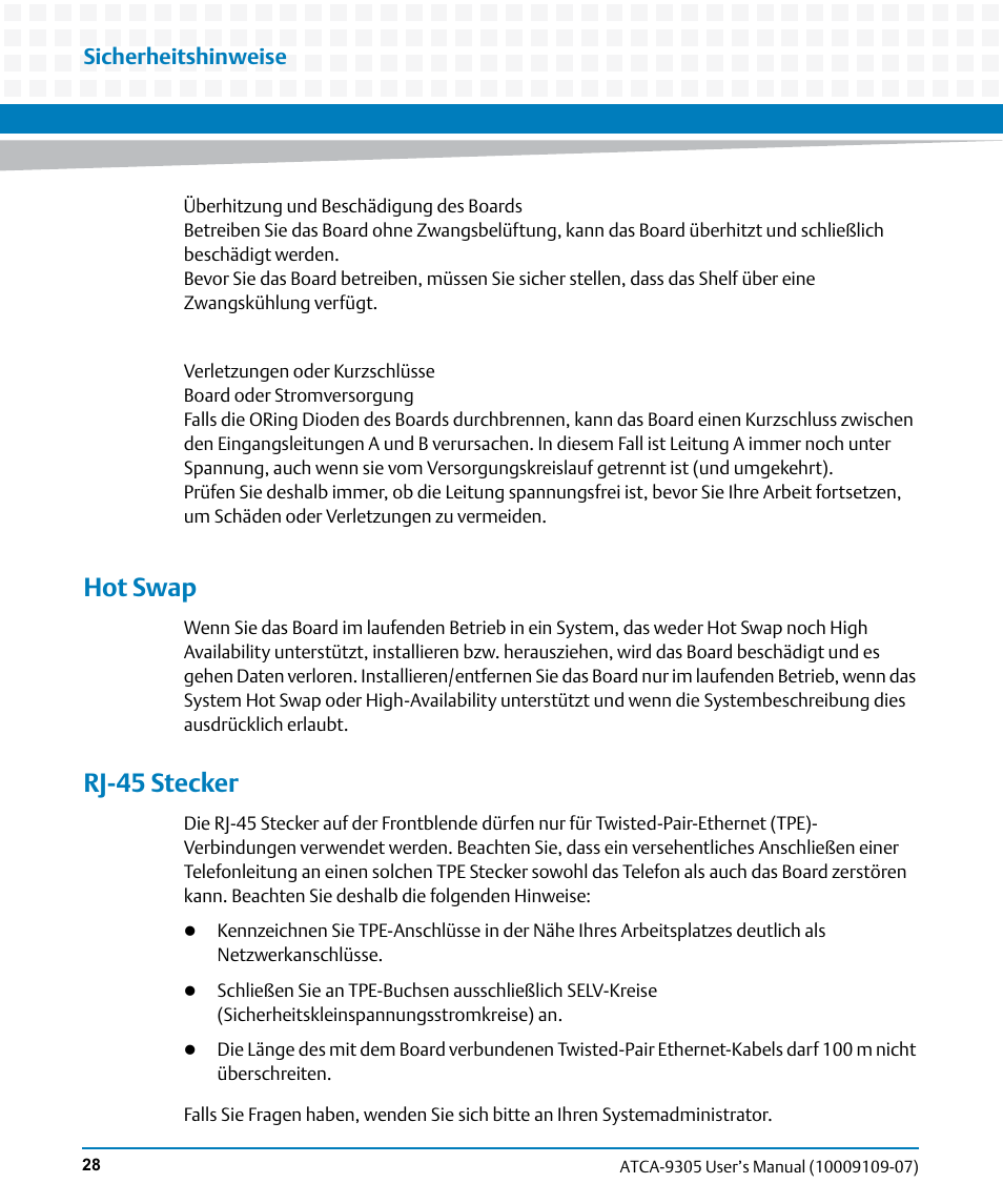 Hot swap, Rj-45 stecker, Sicherheitshinweise | Artesyn ATCA-9305 User's Manual (May 2014) User Manual | Page 28 / 270