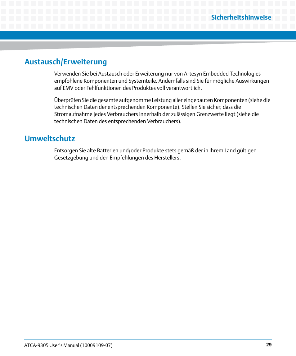 Austausch/erweiterung, Umweltschutz | Artesyn ATCA-9305 User's Manual (May 2014) User Manual | Page 29 / 270