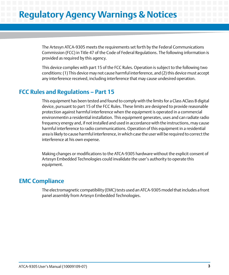 Regulatory agency warnings & notices, Fcc rules and regulations – part 15, Emc compliance | Artesyn ATCA-9305 User's Manual (May 2014) User Manual | Page 3 / 270
