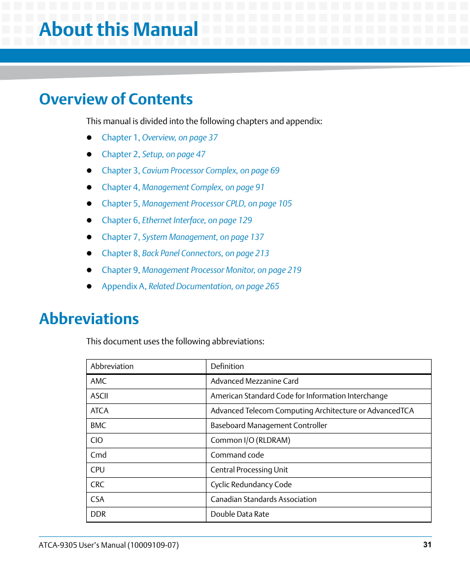 About this manual, Overview of contents, Abbreviations | Artesyn ATCA-9305 User's Manual (May 2014) User Manual | Page 31 / 270