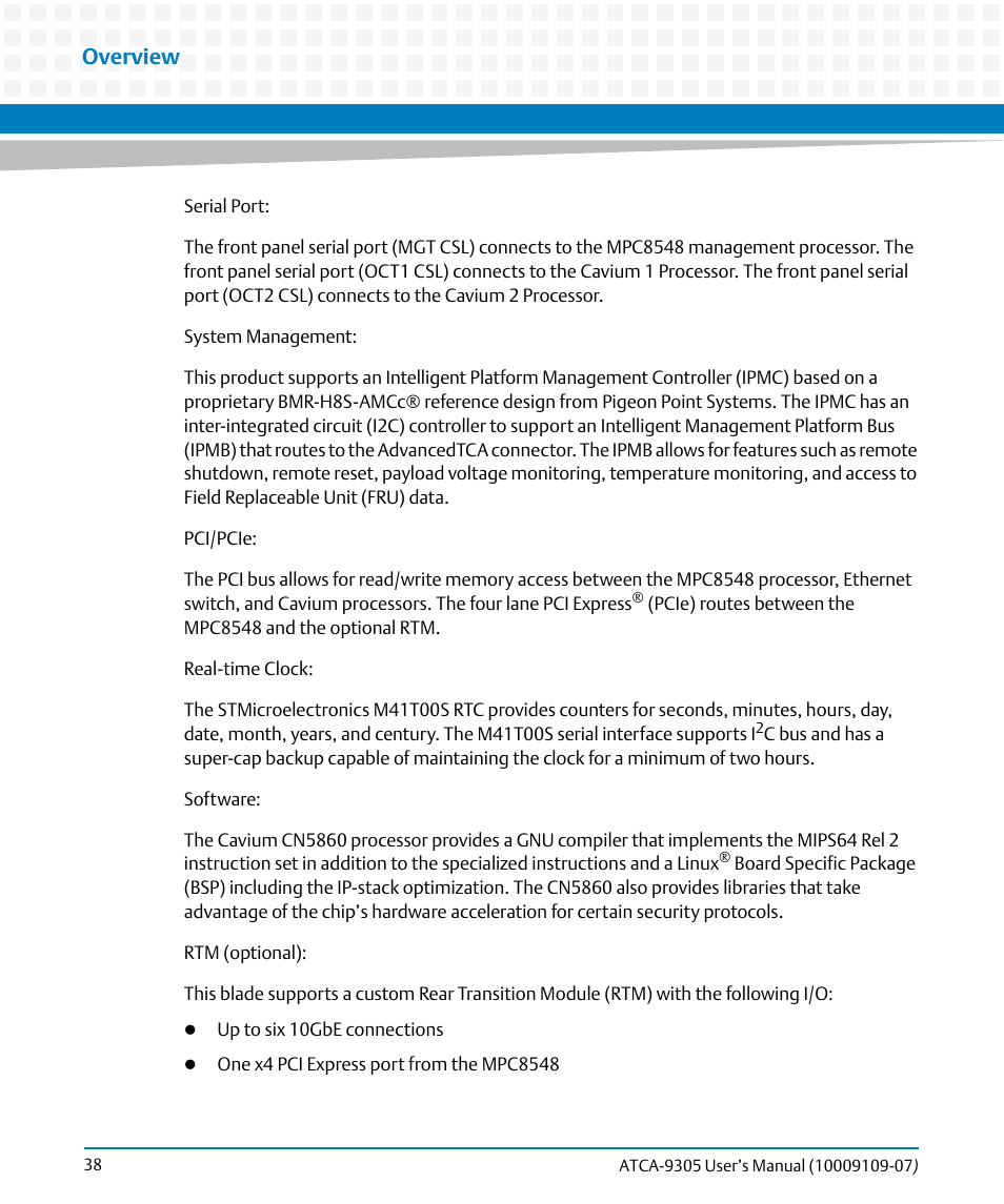 Overview | Artesyn ATCA-9305 User's Manual (May 2014) User Manual | Page 38 / 270