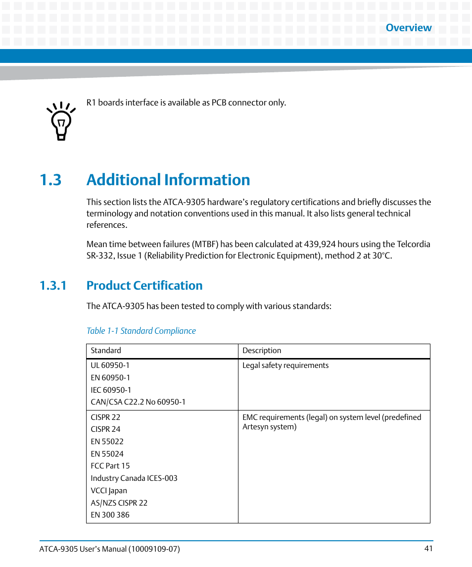 3 additional information, 1 product certification, Table 1-1 | Standard compliance | Artesyn ATCA-9305 User's Manual (May 2014) User Manual | Page 41 / 270