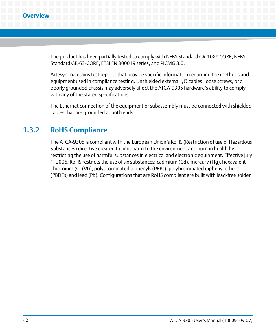 2 rohs compliance, Rohs compliance | Artesyn ATCA-9305 User's Manual (May 2014) User Manual | Page 42 / 270
