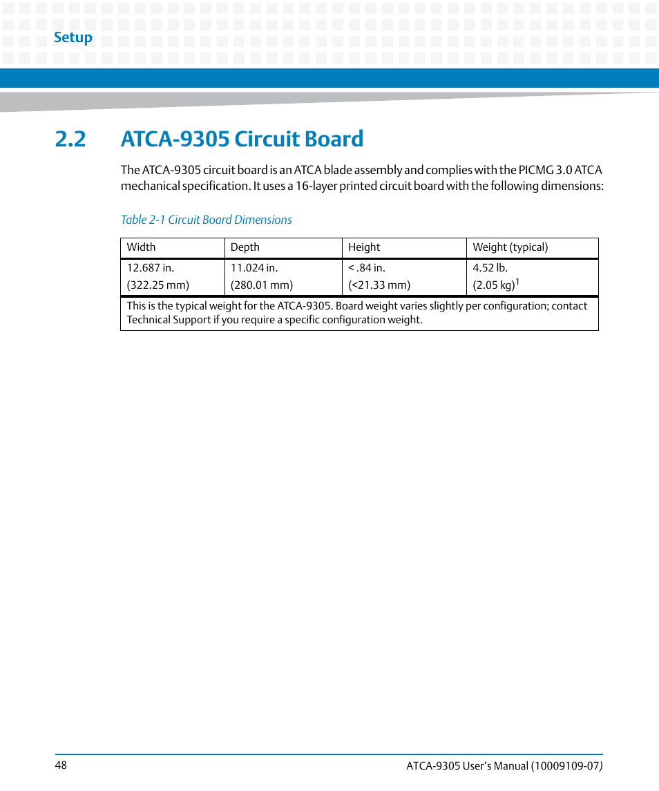 2 atca-9305 circuit board, Table 2-1, Circuit board dimensions | Setup | Artesyn ATCA-9305 User's Manual (May 2014) User Manual | Page 48 / 270