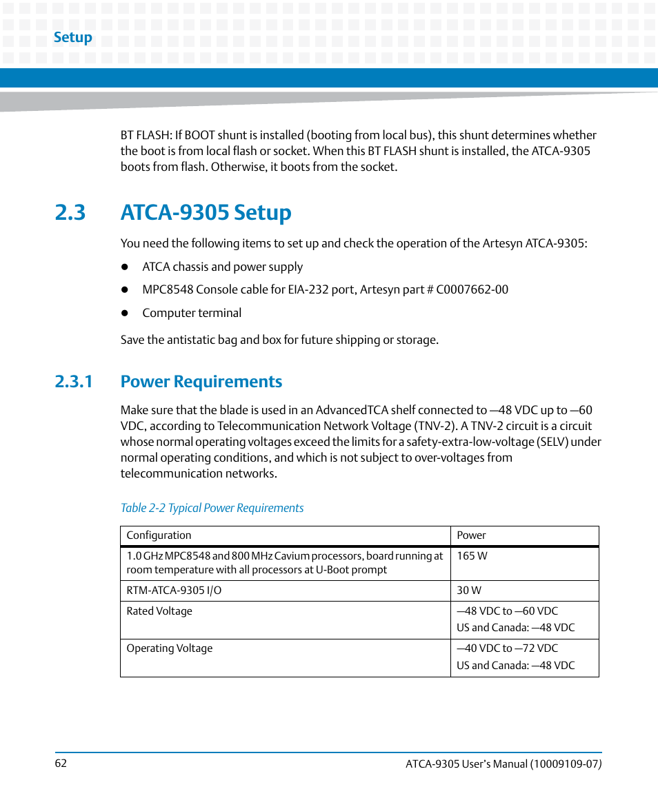 3 atca-9305 setup, 1 power requirements, Table 2-2 | Typical power requirements | Artesyn ATCA-9305 User's Manual (May 2014) User Manual | Page 62 / 270