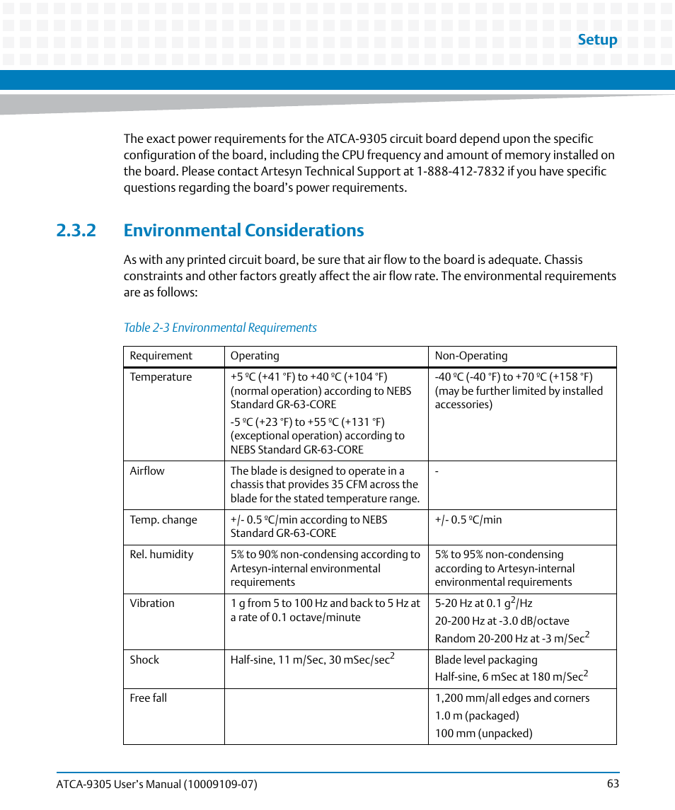 2 environmental considerations, Table 2-3, Environmental requirements | Setup | Artesyn ATCA-9305 User's Manual (May 2014) User Manual | Page 63 / 270