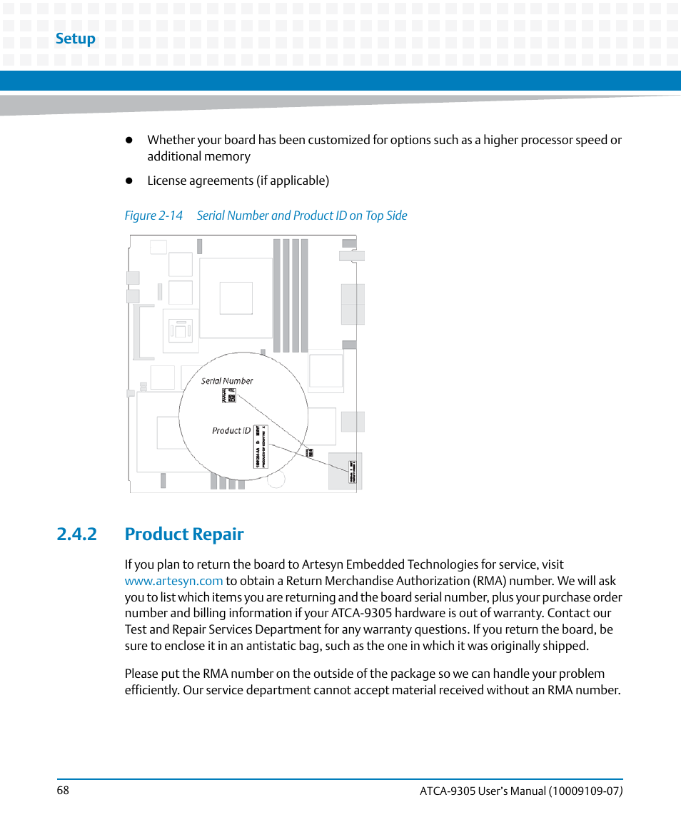 2 product repair, Figure 2-14, Serial number and product id on top side | Artesyn ATCA-9305 User's Manual (May 2014) User Manual | Page 68 / 270