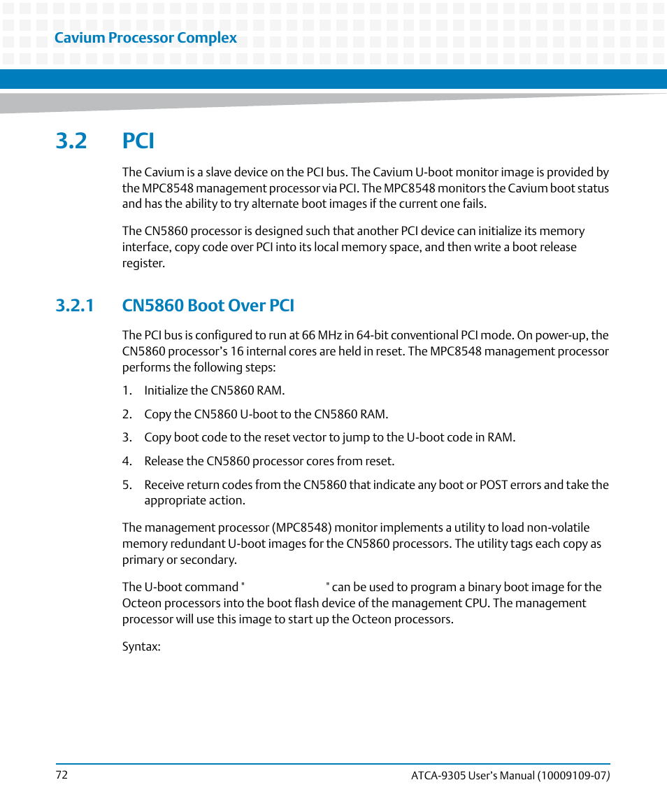 2 pci, 1 cn5860 boot over pci | Artesyn ATCA-9305 User's Manual (May 2014) User Manual | Page 72 / 270
