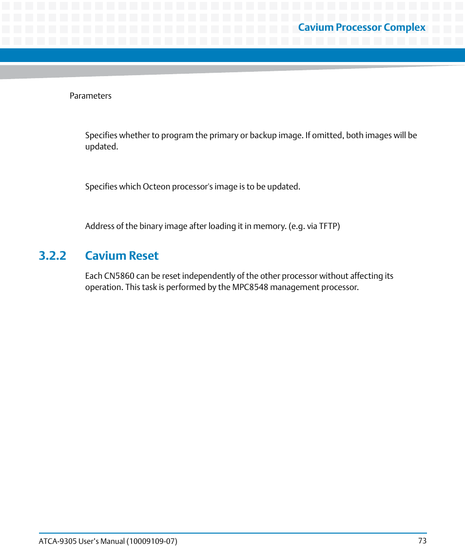 2 cavium reset | Artesyn ATCA-9305 User's Manual (May 2014) User Manual | Page 73 / 270