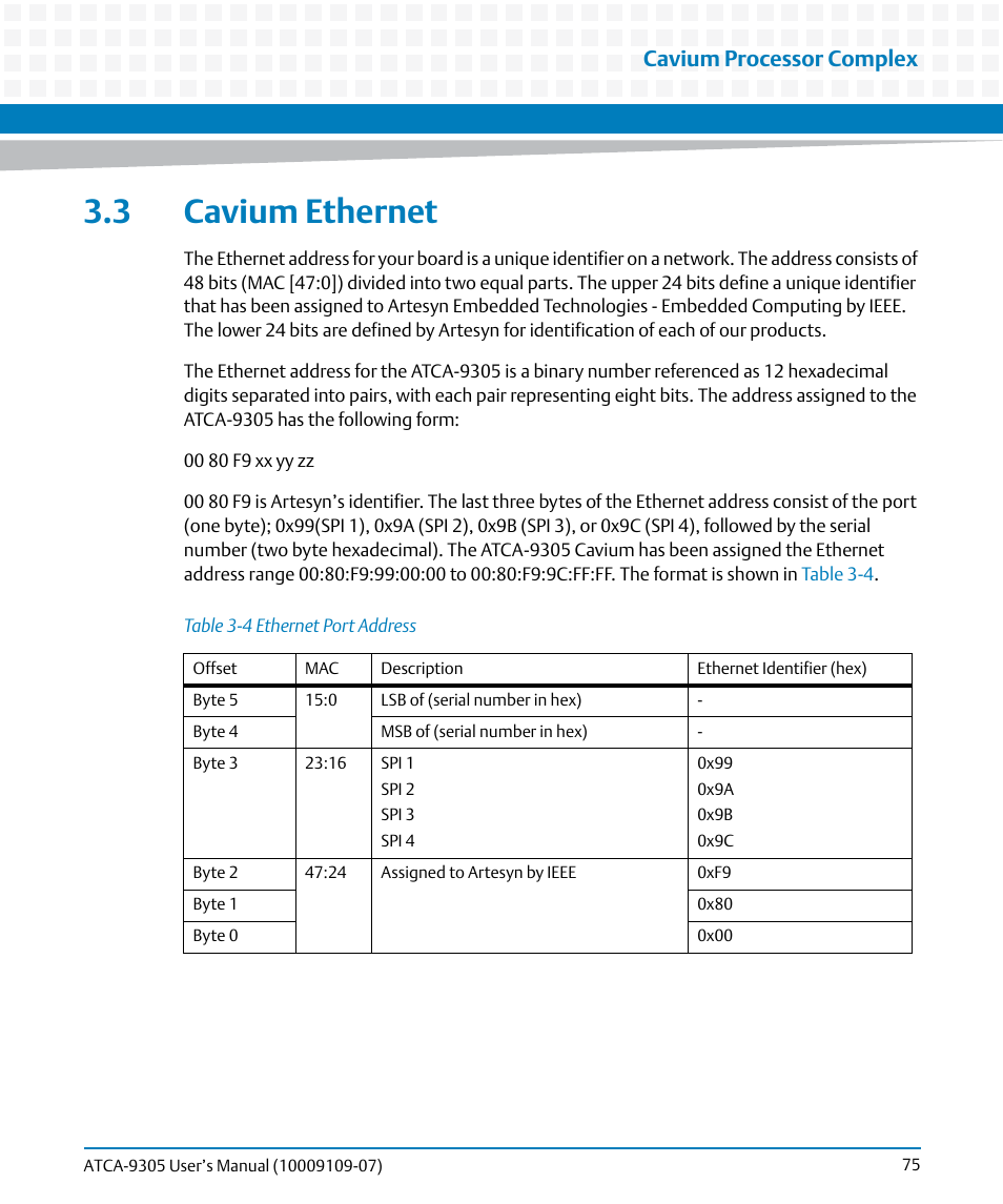3 cavium ethernet, Table 3-4, Ethernet port address | Cavium processor complex | Artesyn ATCA-9305 User's Manual (May 2014) User Manual | Page 75 / 270