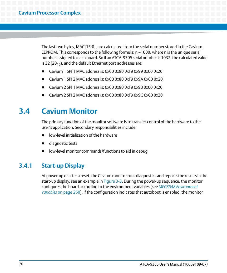4 cavium monitor, 1 start-up display | Artesyn ATCA-9305 User's Manual (May 2014) User Manual | Page 76 / 270