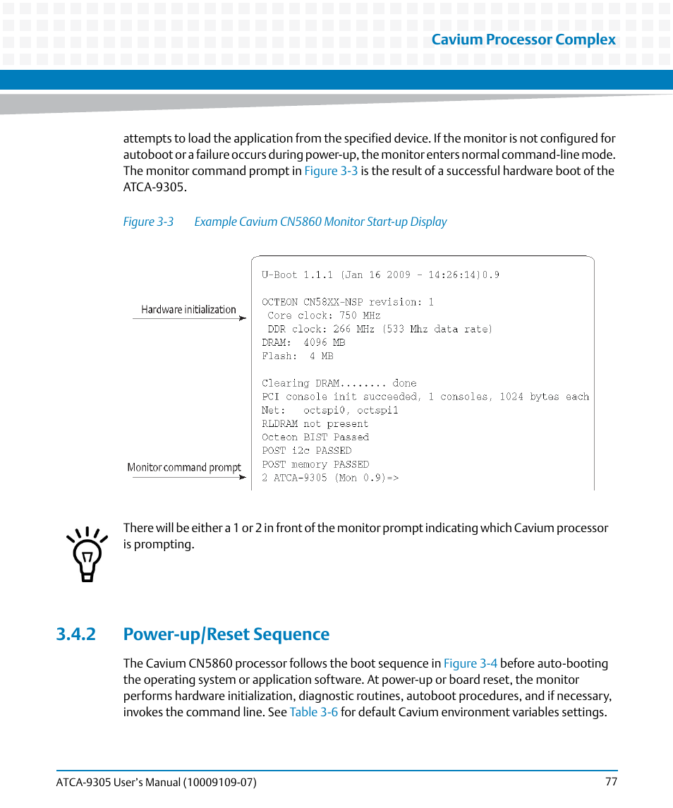 2 power-up/reset sequence, Figure 3-3, Example cavium cn5860 monitor start-up display | Artesyn ATCA-9305 User's Manual (May 2014) User Manual | Page 77 / 270