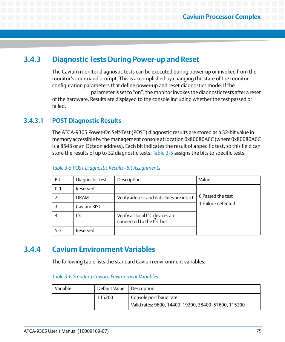 3 diagnostic tests during power-up and reset, 1 post diagnostic results, 4 cavium environment variables | Table 3-5, Post diagnostic results–bit assignments, Table 3-6, Standard cavium environment variables, Cavium processor complex | Artesyn ATCA-9305 User's Manual (May 2014) User Manual | Page 79 / 270
