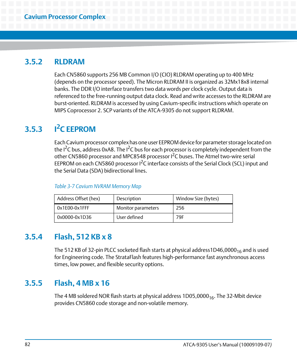 2 rldram, 3 i2c eeprom, 4 flash, 512 kb x 8 | 5 flash, 4 mb x 16, Table 3-7, Cavium nvram memory map, C eeprom | Artesyn ATCA-9305 User's Manual (May 2014) User Manual | Page 82 / 270