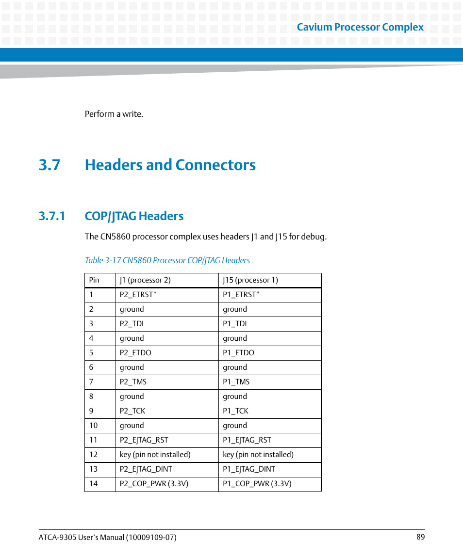 7 headers and connectors, 1 cop/jtag headers, Table 3-17 | Cn5860 processor cop/jtag headers, Or 1. see, Cavium processor complex | Artesyn ATCA-9305 User's Manual (May 2014) User Manual | Page 89 / 270