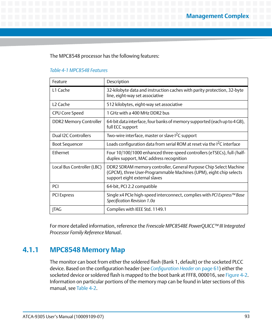1 mpc8548 memory map, Table 4-1, Mpc8548 features | Management complex | Artesyn ATCA-9305 User's Manual (May 2014) User Manual | Page 93 / 270