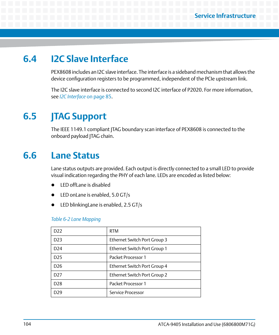 4 i2c slave interface, 5 jtag support, 6 lane status | Table 6-2, Lane mapping | Artesyn ATCA-9405 Installation and Use (May 2014) User Manual | Page 104 / 168