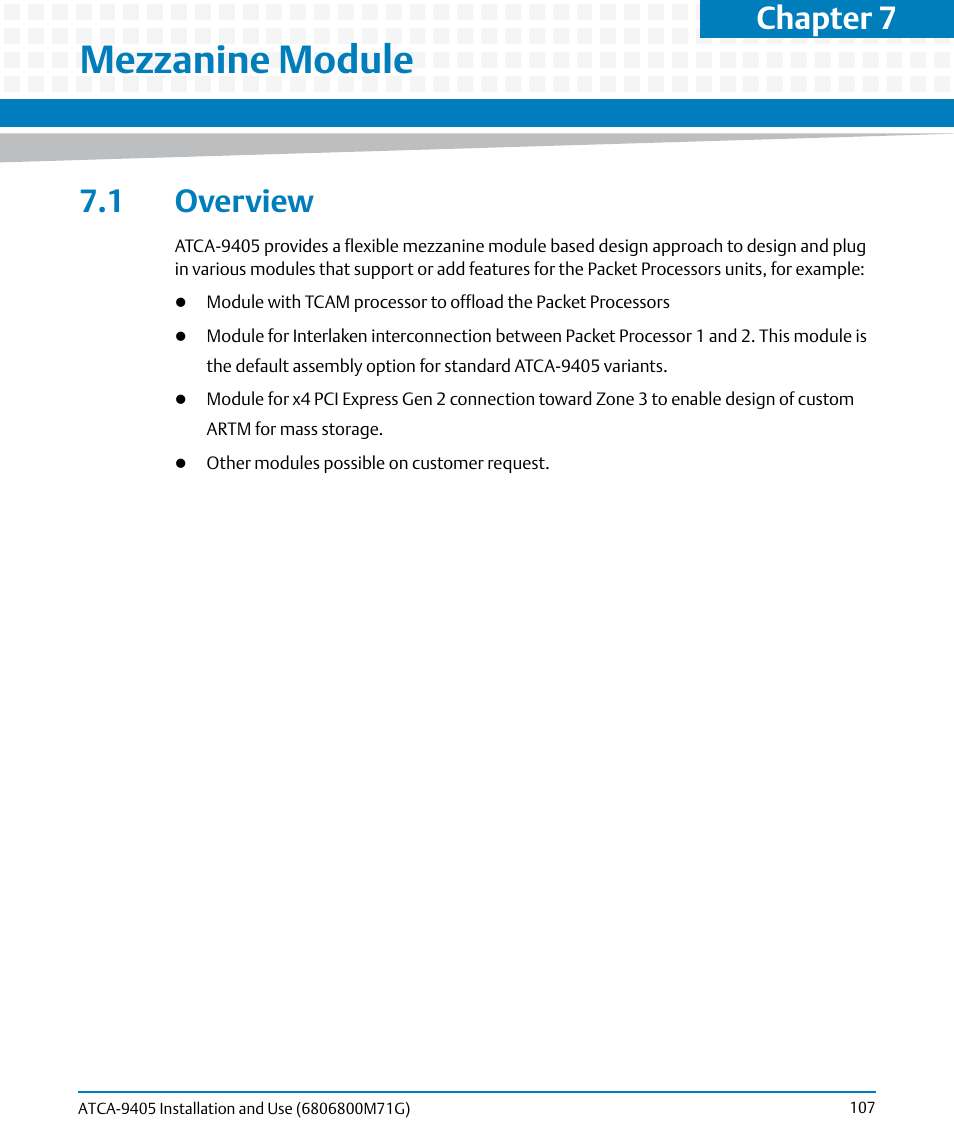 Mezzanine module, 1 overview, Chapter 7 | Artesyn ATCA-9405 Installation and Use (May 2014) User Manual | Page 107 / 168
