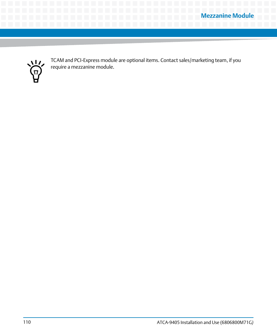 Mezzanine module | Artesyn ATCA-9405 Installation and Use (May 2014) User Manual | Page 110 / 168
