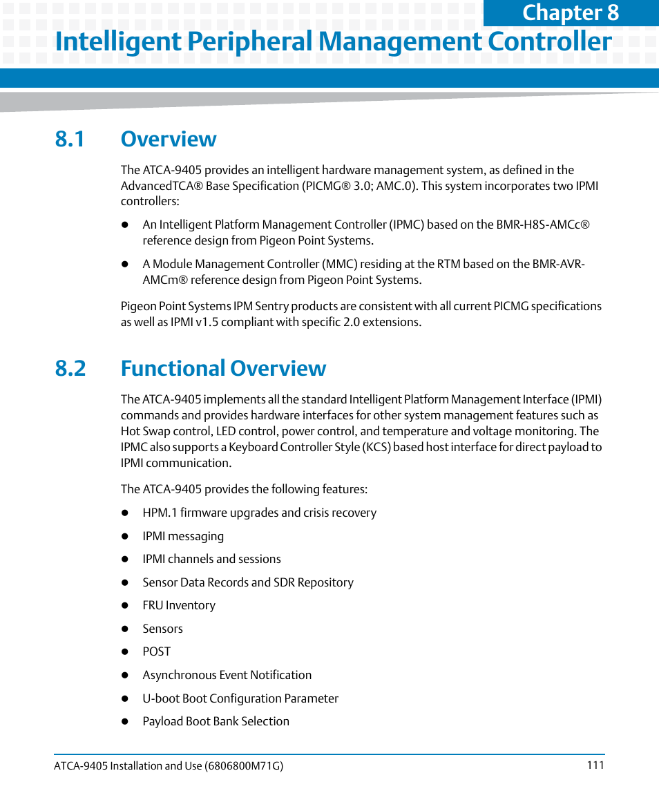 Intelligent peripheral management controller, 1 overview, 2 functional overview | 1 overview 8.2 functional overview, Chapter 8 | Artesyn ATCA-9405 Installation and Use (May 2014) User Manual | Page 111 / 168