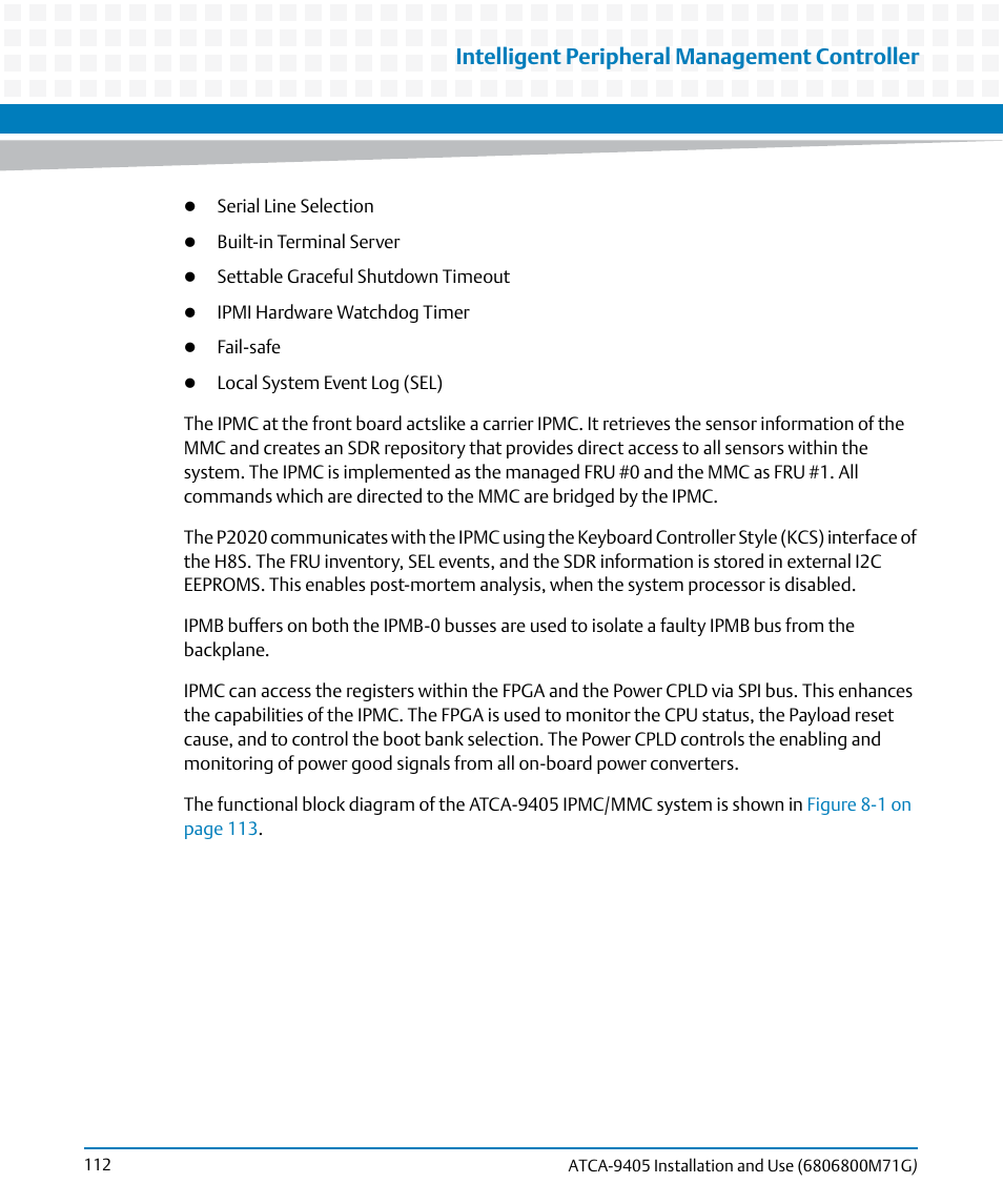 Intelligent peripheral management controller | Artesyn ATCA-9405 Installation and Use (May 2014) User Manual | Page 112 / 168