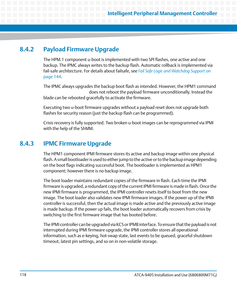 2 payload firmware upgrade, 3 ipmc firmware upgrade | Artesyn ATCA-9405 Installation and Use (May 2014) User Manual | Page 118 / 168