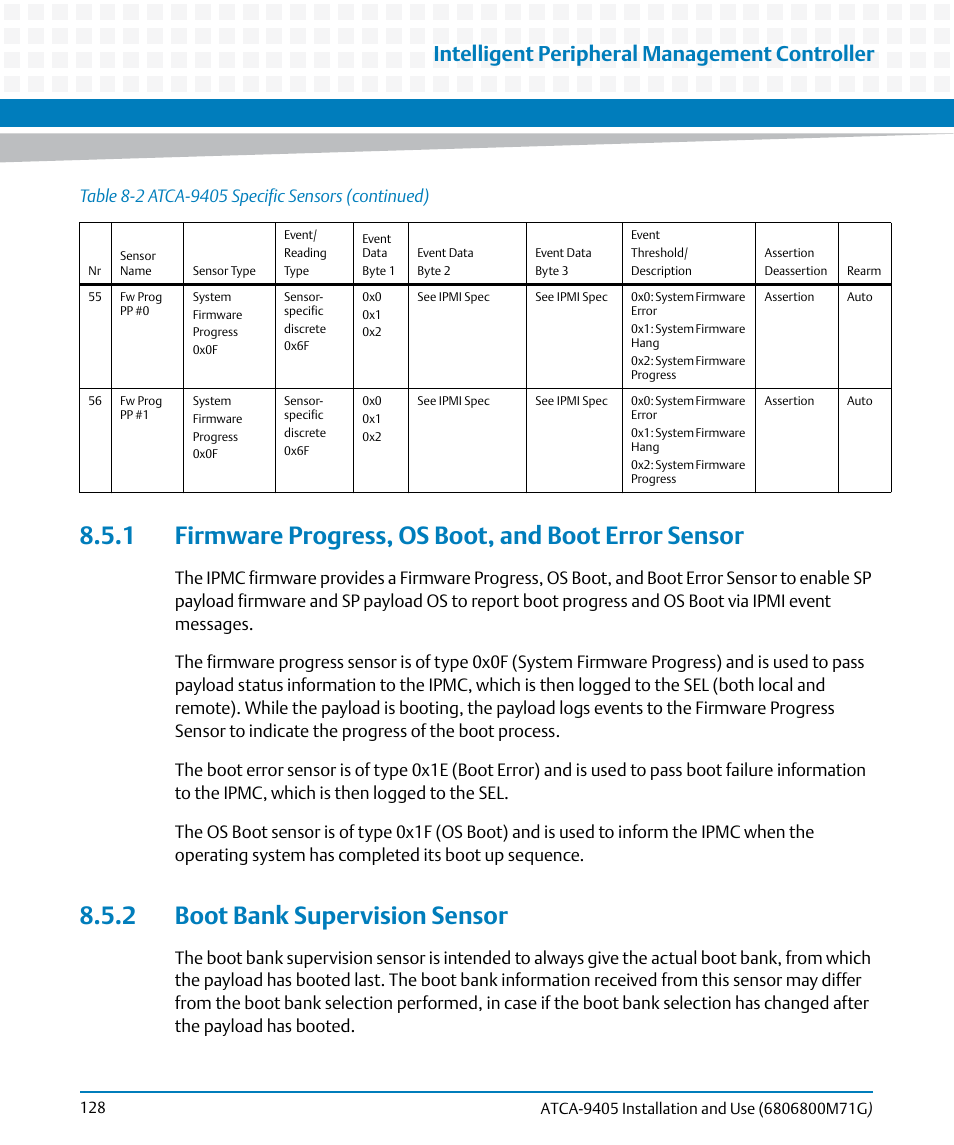 2 boot bank supervision sensor, Intelligent peripheral management controller | Artesyn ATCA-9405 Installation and Use (May 2014) User Manual | Page 128 / 168