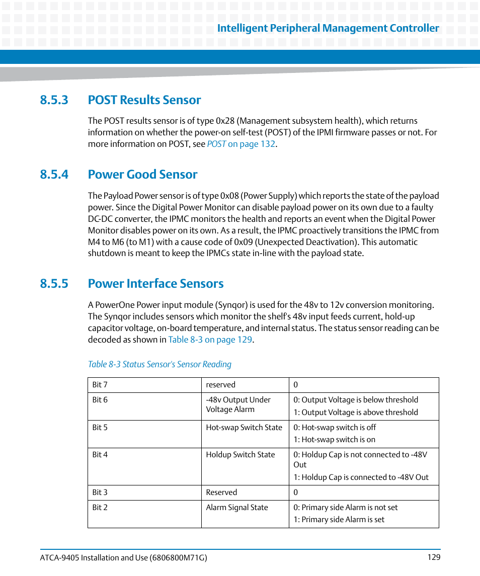 3 post results sensor, 4 power good sensor, 5 power interface sensors | Table 8-3, Status sensor's sensor reading, Intelligent peripheral management controller | Artesyn ATCA-9405 Installation and Use (May 2014) User Manual | Page 129 / 168