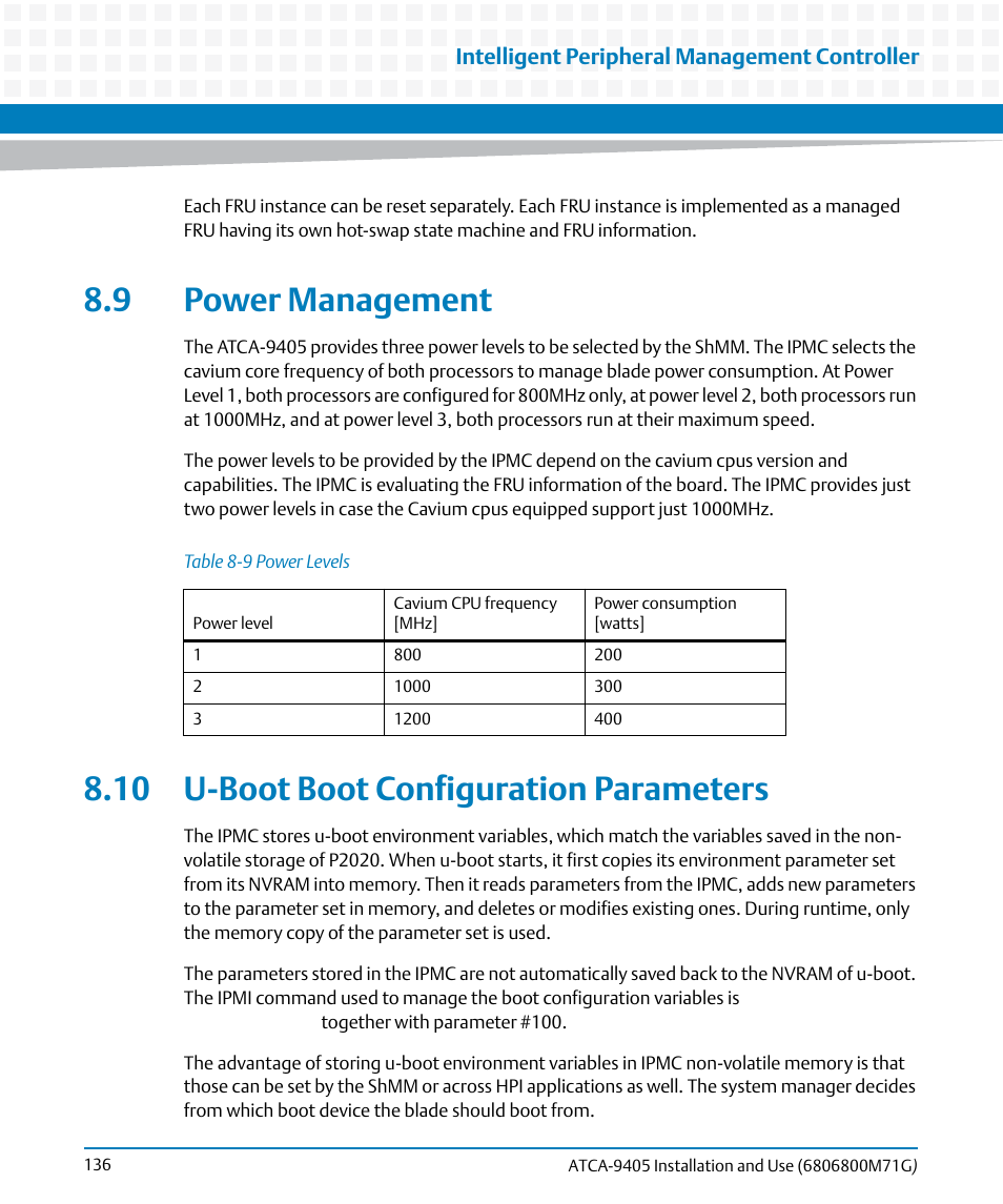 9 power management, 10 u-boot boot configuration parameters, Table 8-9 | Power levels | Artesyn ATCA-9405 Installation and Use (May 2014) User Manual | Page 136 / 168