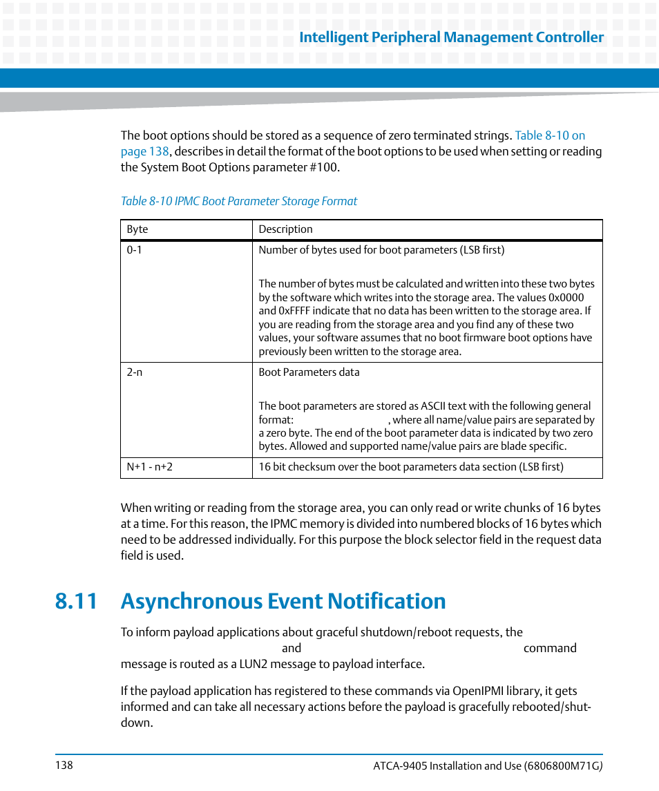 11 asynchronous event notification, Table 8-10, Ipmc boot parameter storage format | Intelligent peripheral management controller | Artesyn ATCA-9405 Installation and Use (May 2014) User Manual | Page 138 / 168