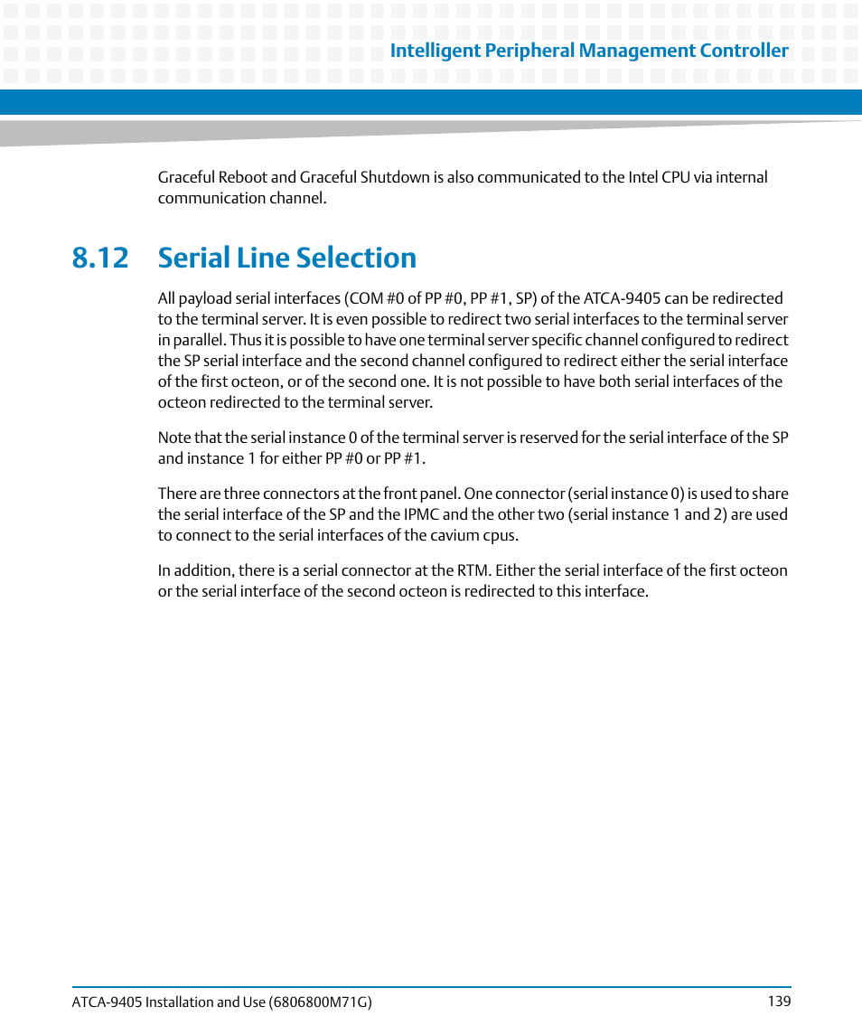 12 serial line selection, Serial line selection | Artesyn ATCA-9405 Installation and Use (May 2014) User Manual | Page 139 / 168