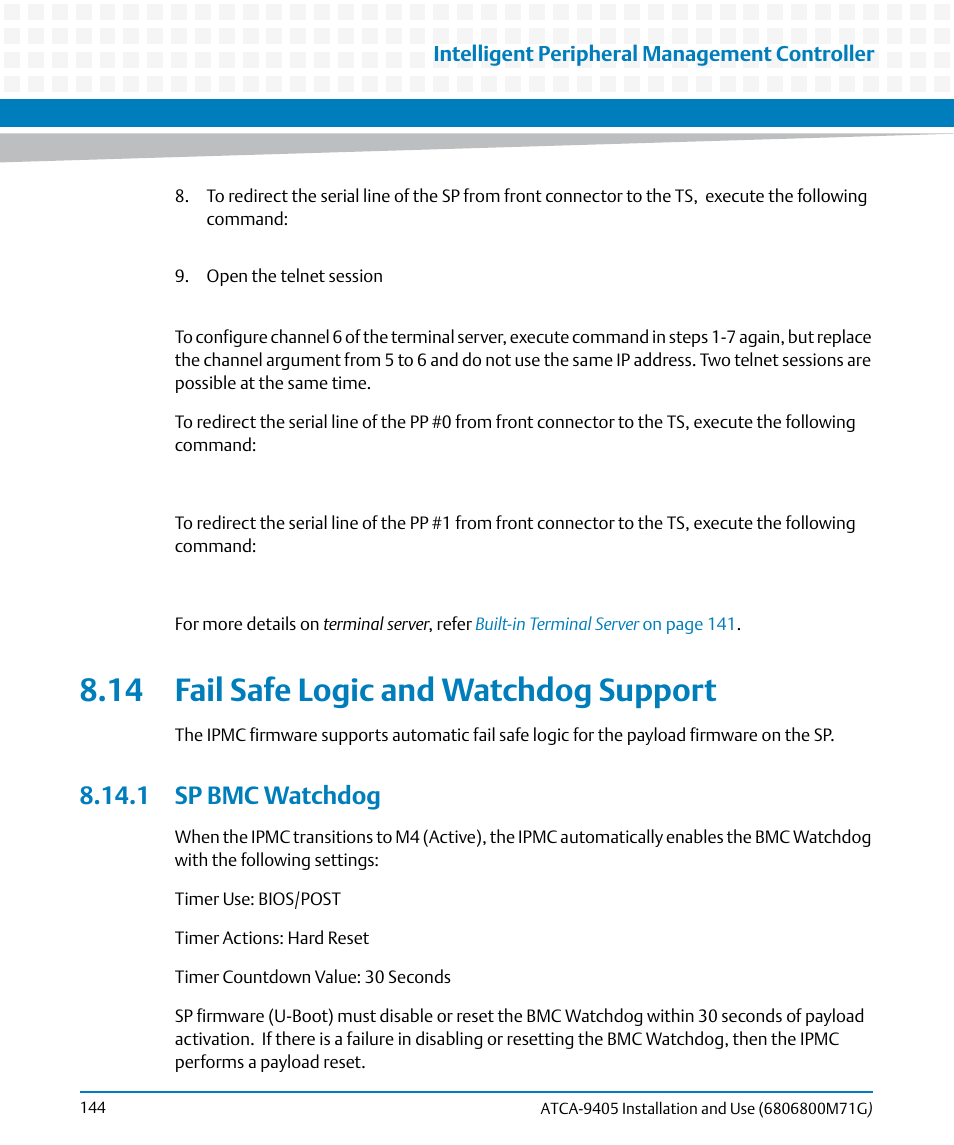 14 fail safe logic and watchdog support, 1 sp bmc watchdog, Fail safe logic and watchdog support | Artesyn ATCA-9405 Installation and Use (May 2014) User Manual | Page 144 / 168