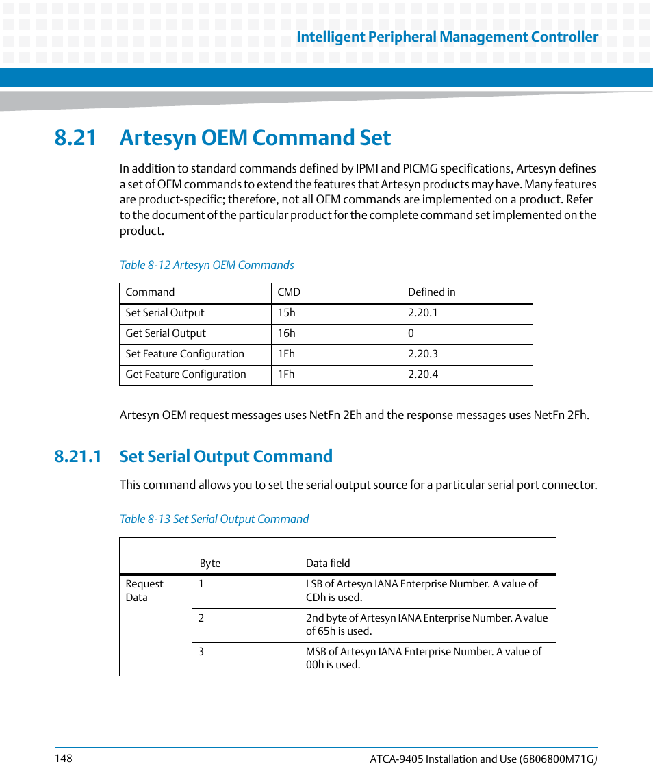 21 artesyn oem command set, 1 set serial output command, Table 8-12 | Artesyn oem commands, Table 8-13, Set serial output command, Set serial output, Command, Intelligent peripheral management controller | Artesyn ATCA-9405 Installation and Use (May 2014) User Manual | Page 148 / 168