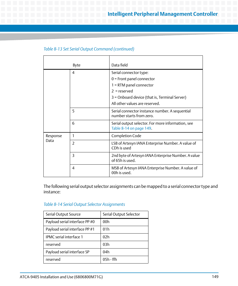 Table 8-14, Serial output selector assignments, Intelligent peripheral management controller | Artesyn ATCA-9405 Installation and Use (May 2014) User Manual | Page 149 / 168