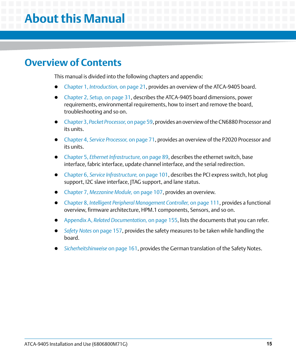 About this manual, Overview of contents | Artesyn ATCA-9405 Installation and Use (May 2014) User Manual | Page 15 / 168