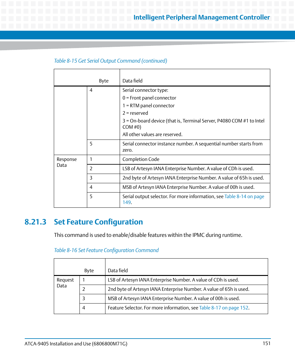 3 set feature configuration, Table 8-16, Set feature configuration command | Set feature configuration, Intelligent peripheral management controller | Artesyn ATCA-9405 Installation and Use (May 2014) User Manual | Page 151 / 168