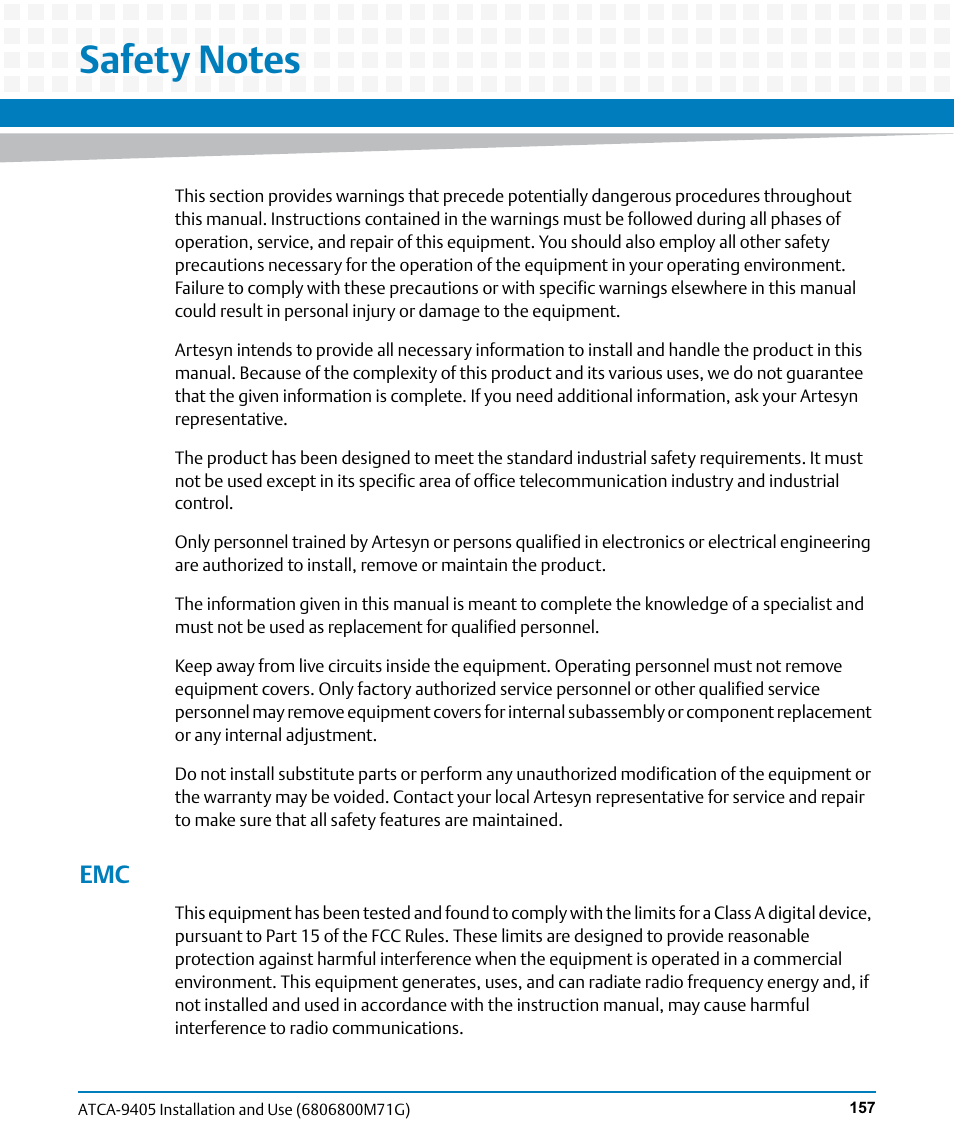 Safety notes | Artesyn ATCA-9405 Installation and Use (May 2014) User Manual | Page 157 / 168